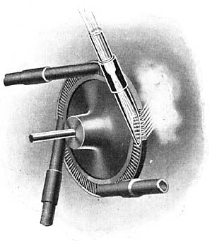FIG. 127.&mdash;Steam turbine with many blades and 4
nozzles.