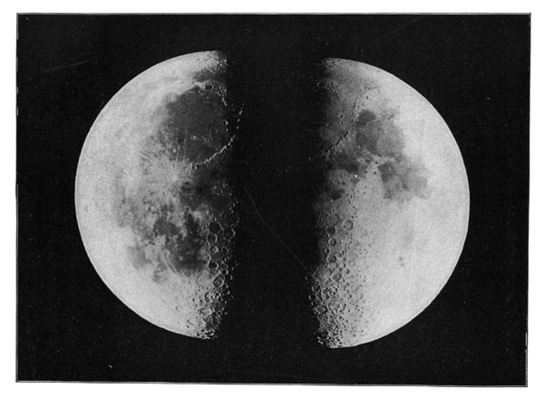 THE MOON AT FIRST AND LAST QUARTER (WESTERN AND EASTERN HEMISPHERES). Photographed with the Lick Telescope. THE MOON AT FIRST AND LAST QUARTER (WESTERN AND EASTERN HEMISPHERES). Photographed with the Lick Telescope.