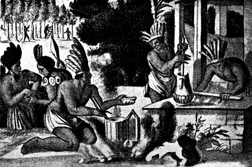 NATIVE AMERICAN INDIANS ROASTING AND GRINDING THE BEANS, AND MIXING THE CHOCOLATE IN A JUG WITH A WHISK.
(From Ogilvy's _America_, 1671)