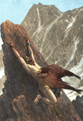 Prometheus is shackled to an outcrop of rock. An eagle is perched on him,
pecking at his flesh.