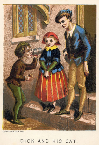 Dick eating and drinking what has been given to him, while the kind
man and the little girl look on.