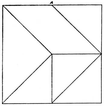 Fig. 397.&mdash;Six-piece Square Puzzle. (For
    Guidance in Setting Out, the Centre of
    Top Line is marked at A.)