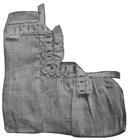 INSERTION WITH MITRED CORNER, TAPED AND FACED; EMBROIDERY
ROLLED WHIPPED AND GATHERED