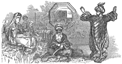A seated woman watches a man standing with his arms raised. An older man sits
on the floor between them