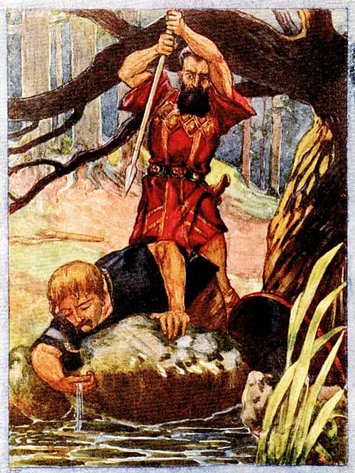While Siegfried drank of the cool, clear water, Hagen
stabbed him