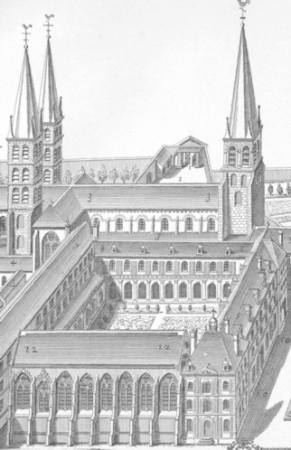 Fig. 36. Part of the Abbey of S. Germain des Pr&egrave;s, Paris. From a print dated 1687; reproduced in Les Anciennes Biblioth&egrave;ques de Paris, par Alf. Franklin, Vol. i. p 126.