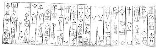 Fig. 2.&mdash;Fragment of an inscription engraved upon the back
of a statue from Tello. Louvre. (Length 10&frac14; inches.)