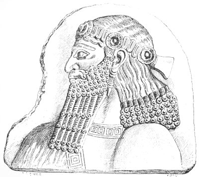 Fig. 25.&mdash;Fragment of a bas-relief in alabaster. Louvre.
Height 23 inches. Drawn by Saint-Elme Gautier.