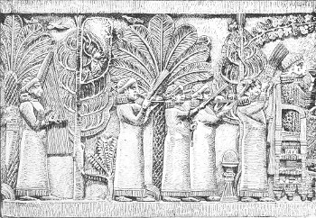Fig. 27.&mdash;Feast of Assurbanipal; from Kouyundjik. British
Museum. Height 20&frac34; inches. No. 1, The servants of the feast.