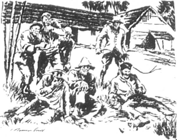 "As the madness grew, the two men fought. They were
murder mad. The local sub-deputy gave his guests the thrill of
watching maniacs battling to the death."