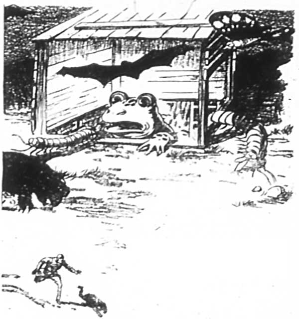 Its form was that of a gigantic frog, and from its
throat sounded the terrific bellowing which rivaled thunder.