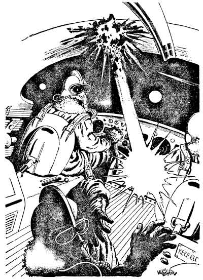 The small meteor ripped through the Space Bird's
crew compartment, blinding the radar scope and severing communication
with Earth.
