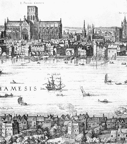 THE GLOBE THEATRE, WITH ST. PAUL'S IN THE BACKGROUND
From Vischer's long view of London, 1616