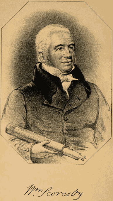 A middle-aged gentleman with short, grey hair, in Regency dress and carrying
a telescope. Underneath, there is a signature: Wm. Scoresby