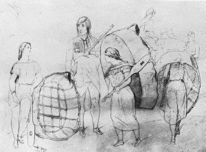 c. Hidatsa group with bull-boats. At Fort Berthold, July 13, 1851

FROM KURZ'S SKETCHBOOK
