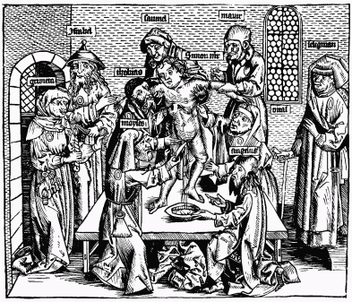 FIG. 12.&mdash;Jews Sacrificing a Christian Child. From
Schedel’s “Liber Chronicarum.” Nuremberg, 1493.