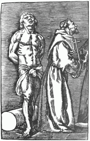 FIG. 57.&mdash;St. Sebastian and St. Francis. Portion of a
print by Andreani after Titian.
