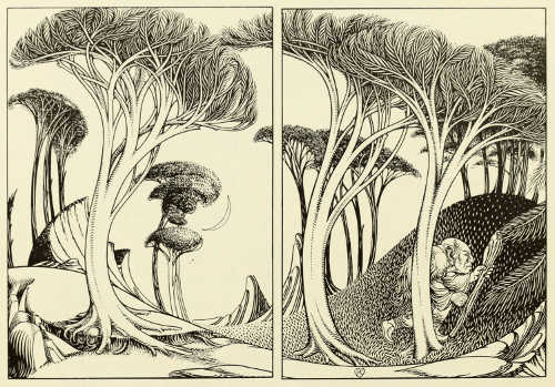 “THE HAUNT OF THE TROLL” &mdash;END-PAPER DESIGN BY REGINALD L. KNOWLES FOR
“TALES FROM THE NORSE.” PUBLISHED BY MESSRS. GEORGE ROUTLEDGE AND SONS,
LTD.
