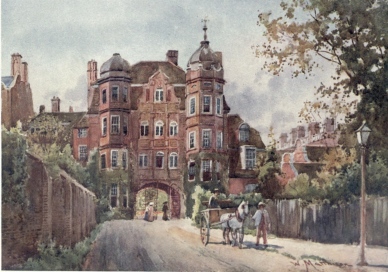 NEWNHAM COLLEGE, GATEWAY

This shows the east front, and is called the Pfeiffer Building. The
whole of the buildings are in the Queen Anne style, and were designed by
Basil Champneys. The Bronze Gates were placed here as a memorial to Miss
Clough.