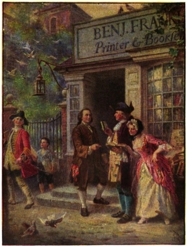 Franklin's Printing Office and Book Shop

Benjamin Franklin, printer, was one of the greatest men of his time.
He wrote philosophical essays and some doggerel verse, published
“Poor Richard’s Almanac,” and became a great invento. The
painting shows Christ Shurch in the background.