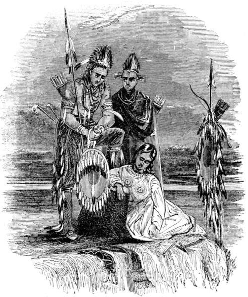 According to the text, this
sketch represents two warriors, and a woman of the Sacs and Foxes, mourning over
the tomb of Black Hawk, the celebrated leader of the war known as the Black Hawk War.