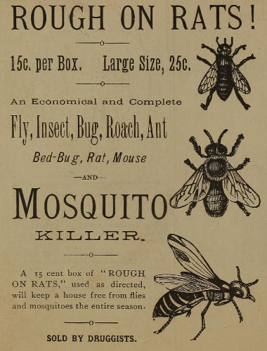Advert text: ROUGH ON RATS! 15c. per Box. Large Size, 25c.
An Economical and Complete Fly, Insect, Bug, Roach, Ant Bed-Bug, Rat, Mouse
AND Mosquito KILLER. A 15 cent box of “ROUGH ON RATS,” used as directed,
will keep a house free from flies and mosquitoes the entire season. SOLD BY DRUGGISTS.