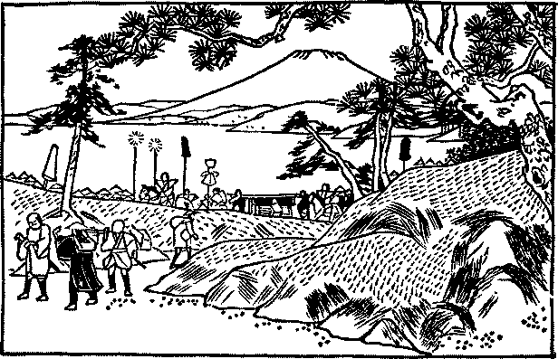 Illustration: Travelers walking with Mount Fuji in the
background
