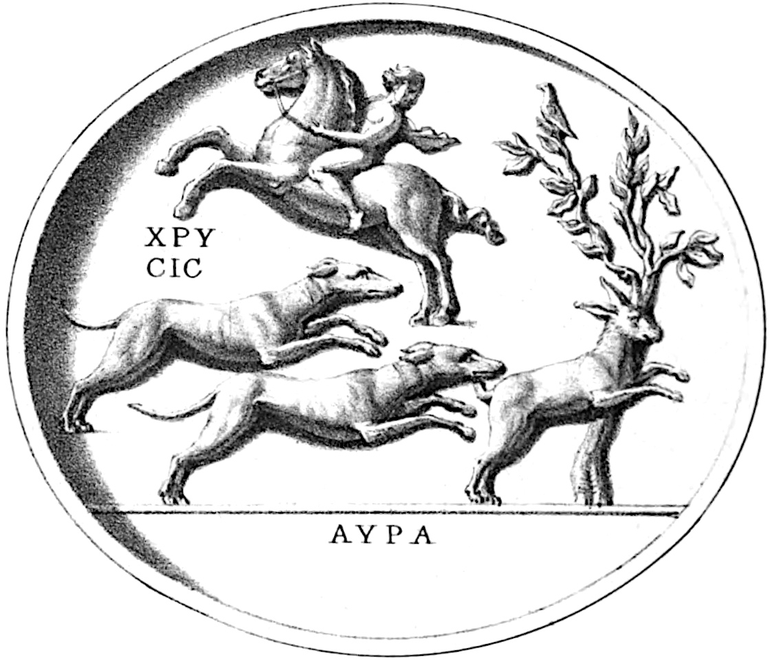 Equestrian Courser and greyhounds chasing a stag: Ancient gem of Maffei.
