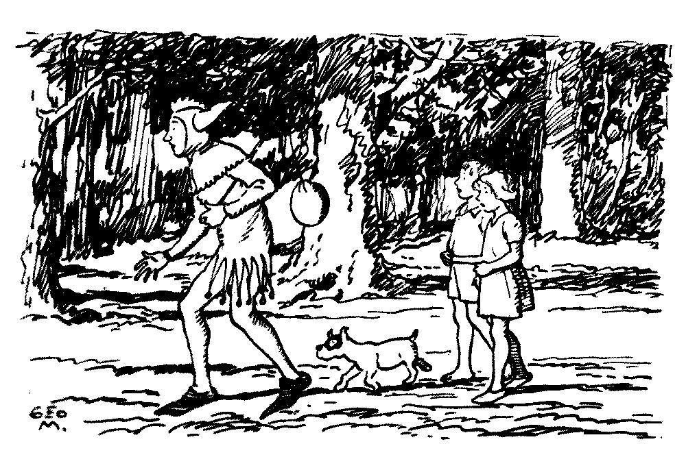 A drawing of a jester leading two children though
a forest.